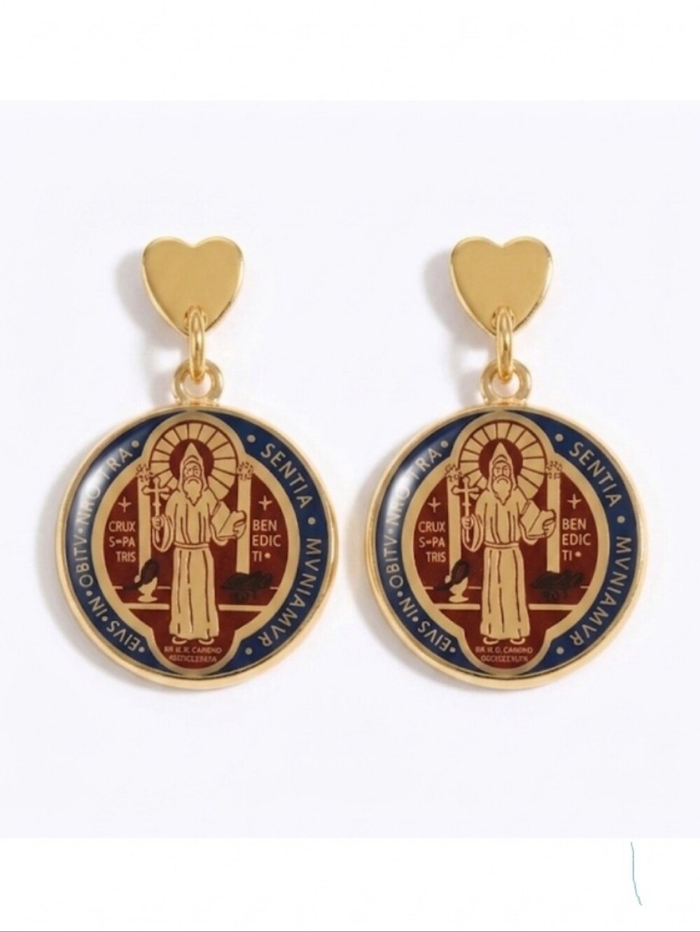 Saint Benedict Medal Earrings - 14k Gold Plated Dangle - Heart Design Religion